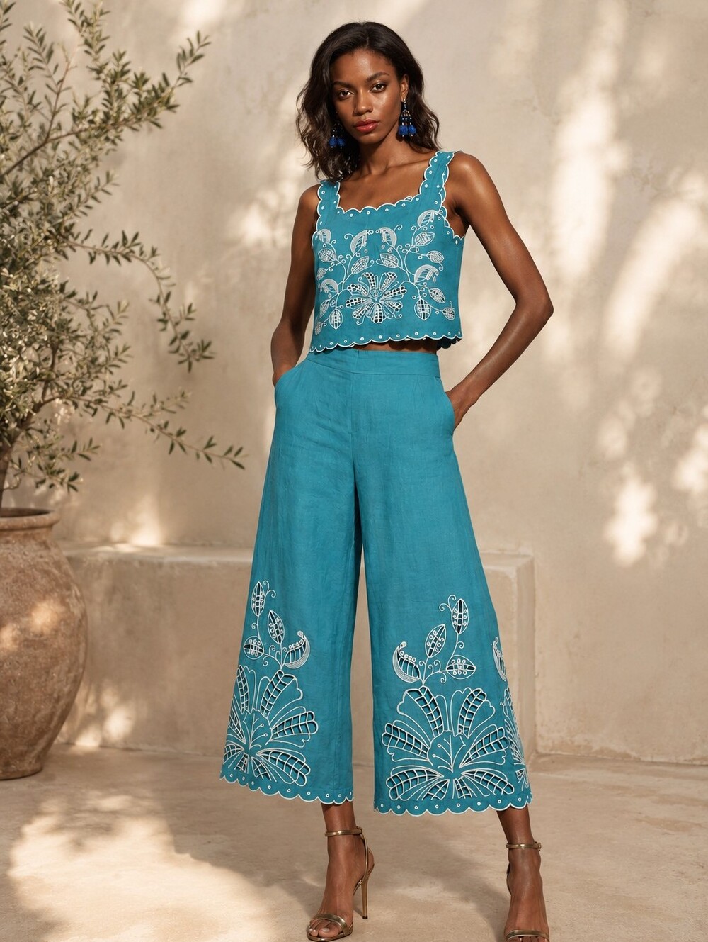 Christian Siriano Linen Embroidered High Waisted Wide-Leg Jumpsuit Set Beachy S